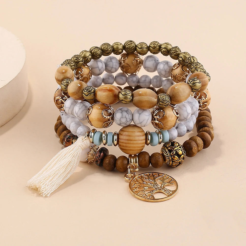 Boho Wooden Beaded Bracelet Set with Tree of Life Charm