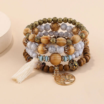 Boho Wooden Beaded Bracelet Set with Tree of Life Charm
