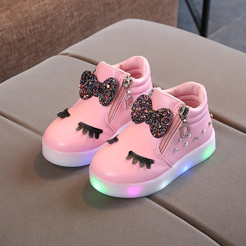 Girls' LED Light-Up Sneakers with Rhinestones and Bow children aged 1 to 6 years,