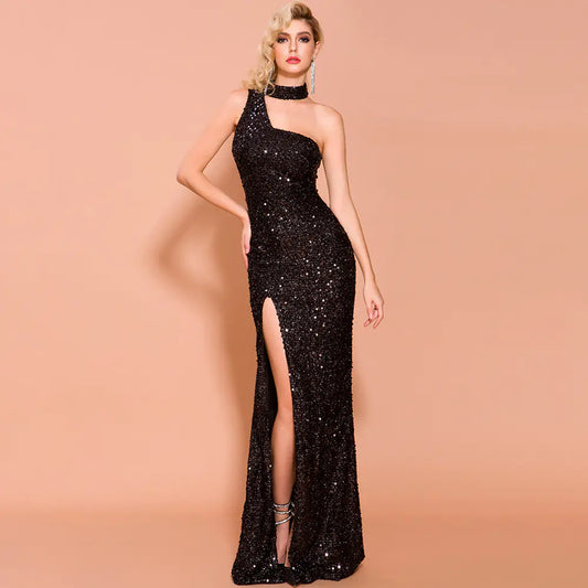 Backless Sequin Party Dress with Slit Design