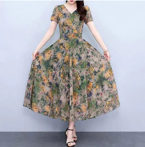 Plus Size Chiffon Floral Dress for Spring and Autumn sizes L, M, and XL,