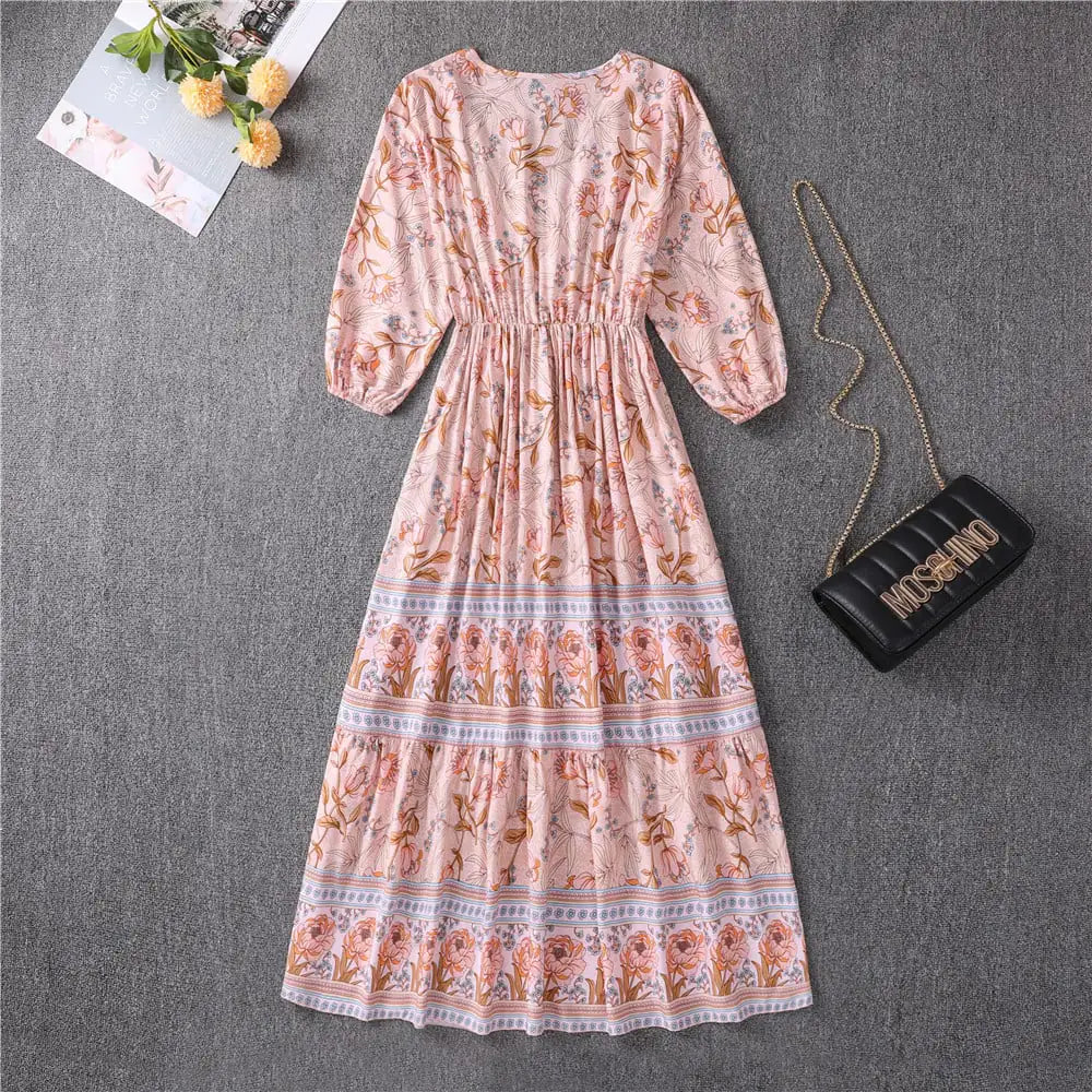 V-neck High Waist Bohemian Mid-length A-line Dress