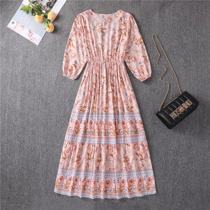 V-neck High Waist Bohemian Mid-length A-line Dress