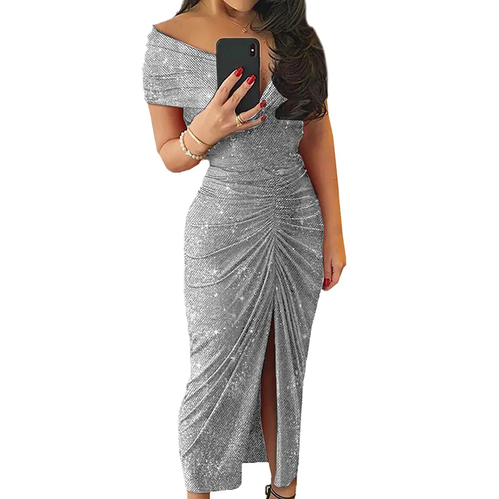 2020 New V-Neck Sequin Evening Dress with Shoulder Cutouts