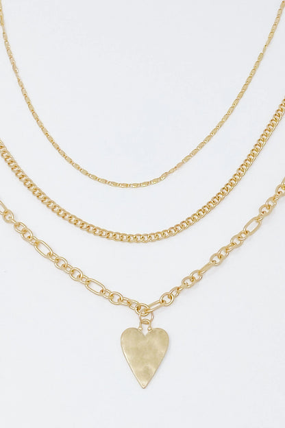 Heart Charm Layered Chain Necklace – Set van 3 Kettingen met Gehamerd Hart