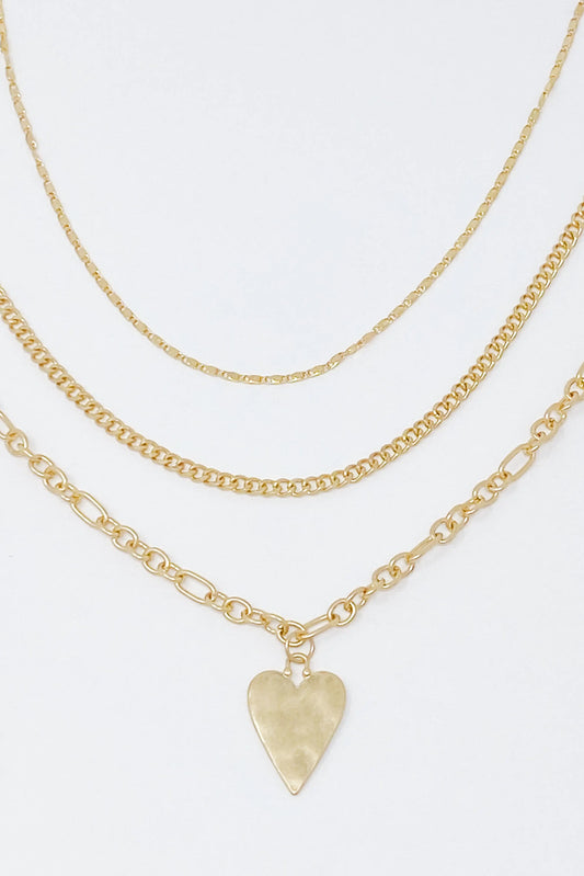 Heart Charm Layered Chain Necklace – Set van 3 Kettingen met Gehamerd Hart