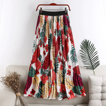 High Waist Floral A-line Chiffon Pleated Skirt
