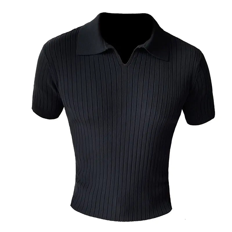 Men's Slim Fit V-Neck Knit Stripe Polo Shirt