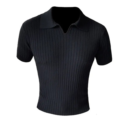 Men's Slim Fit V-Neck Knit Stripe Polo Shirt