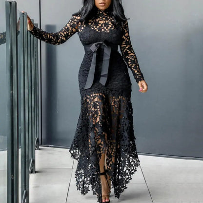 Sexy Long Sleeve Bodycon Dress with Bow and Lace Details