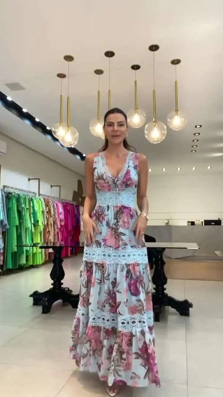 Fashion Floral Print V-Neck Lace-Up Maxi Dress sizes, from S to XXL,