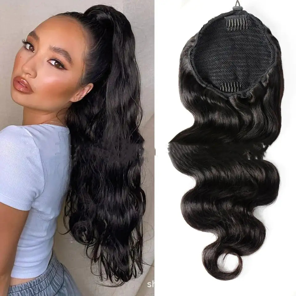 Natural Black Drawstring Ponytail Human Hair Wig