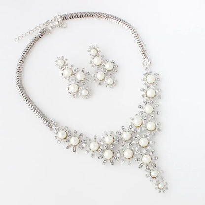 Luxury Floral Pearl and Rhinestone Bridal Necklace Set