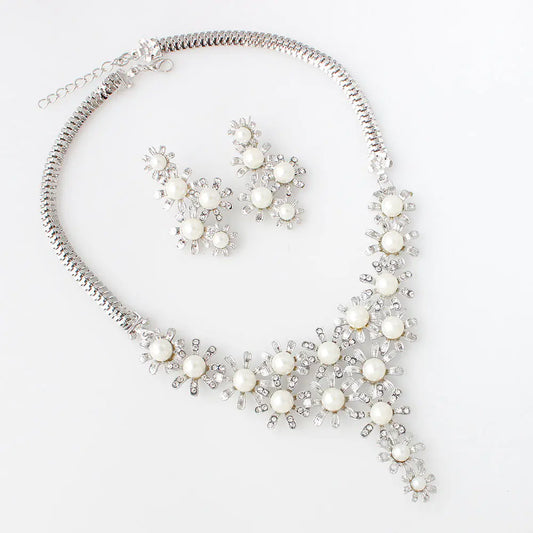 Luxury Floral Pearl and Rhinestone Bridal Necklace Set