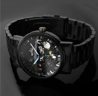 Men's Automatic Mechanical Watch with Black Hollow Steel Band