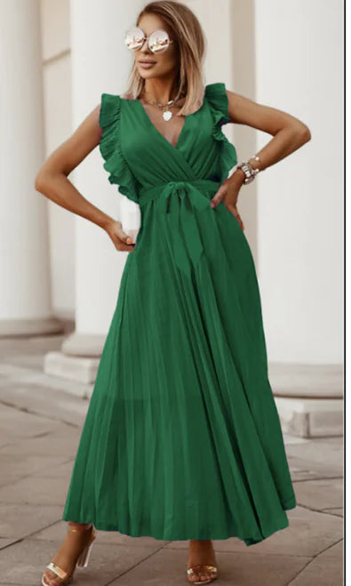 V-Neck Layered Pleated Slim Fit Dress in Green perfect fit: S, M, L, XL, and XXL