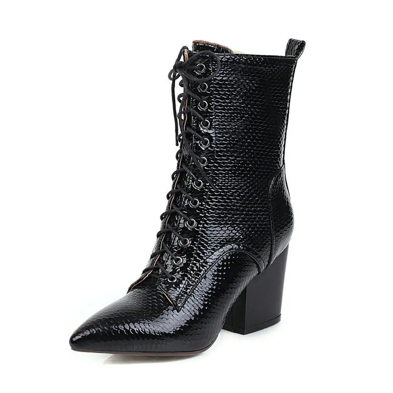 Women's Chunky Heel Lace-Up Martin Boots (Snake Print)