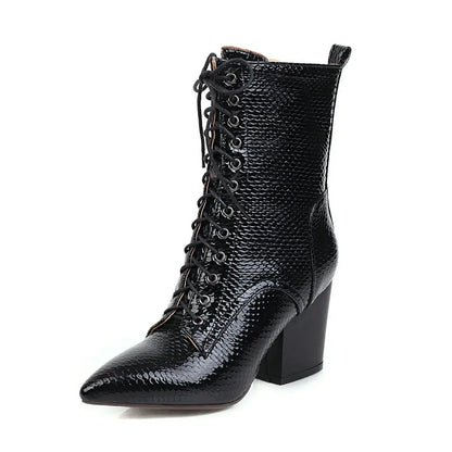 Women's Chunky Heel Lace-Up Martin Boots (Snake Print)