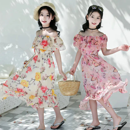 Thai Style Beach Dress for Girls - Summer Floral Chiffon sizes ranging from 120cm to 160cm