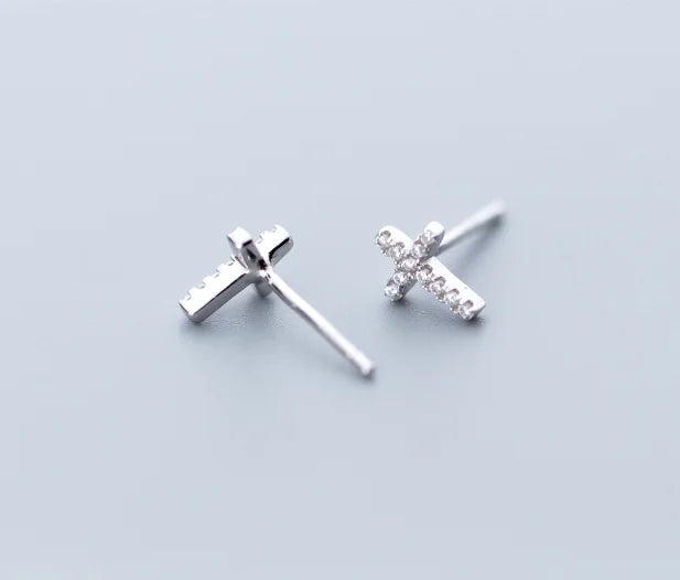 S925 Silver Minimalist Cross Stud Earrings with Diamonds