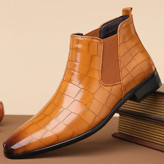 Men's High-Top Glossy Leather Chelsea Boots