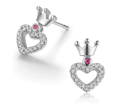 S925 Silver Crown Stud Earrings with Heart Zirconia
