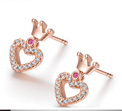 S925 Silver Crown Stud Earrings with Heart Zirconia