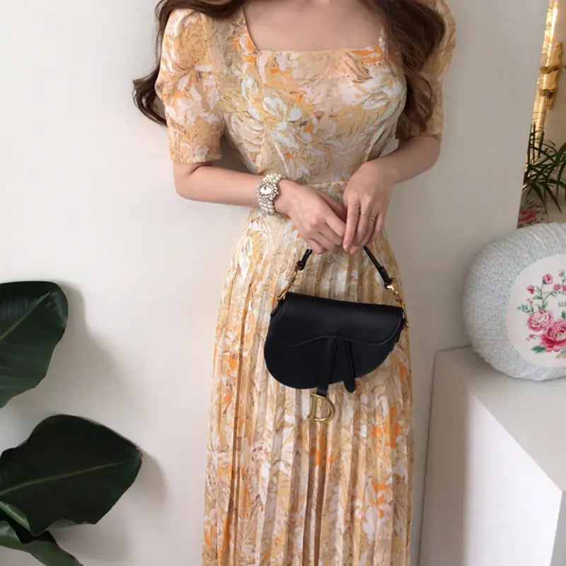 Korean Chic French Style Floral Chiffon Midi Dress