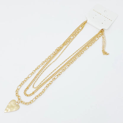 Heart Charm Layered Chain Necklace – Set van 3 Kettingen met Gehamerd Hart