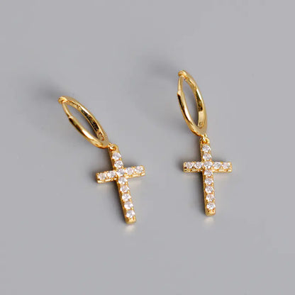 S925 Sterling Zilveren Kruis Oorbellen met Diamanten – Tijdloze Spirituele Elegantie