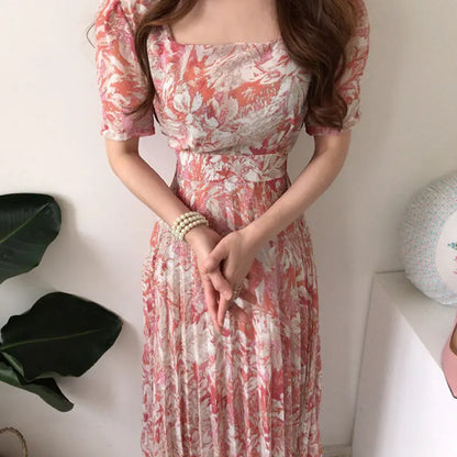 Korean Chic French Style Floral Chiffon Midi Dress