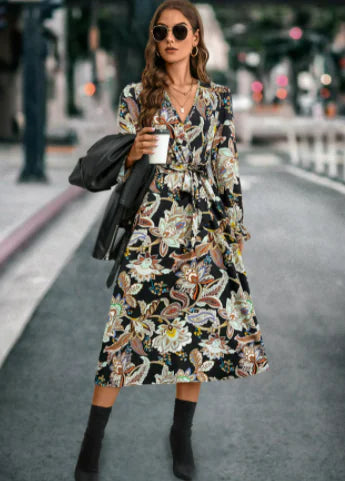 Cross V-neck Long Sleeve Dress