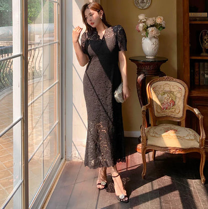 Lace Bodycon Dress with Floral Trim Details