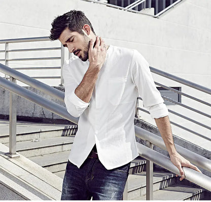 Men's Casual Long Sleeve Slim Fit Cotton Linen Shirt