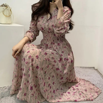 Sweet V-Neck Long Sleeve Floral Chiffon Dress