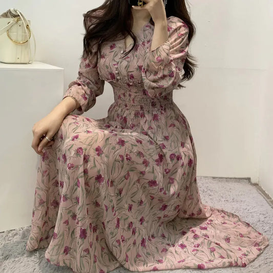 Sweet V-Neck Long Sleeve Floral Chiffon Dress