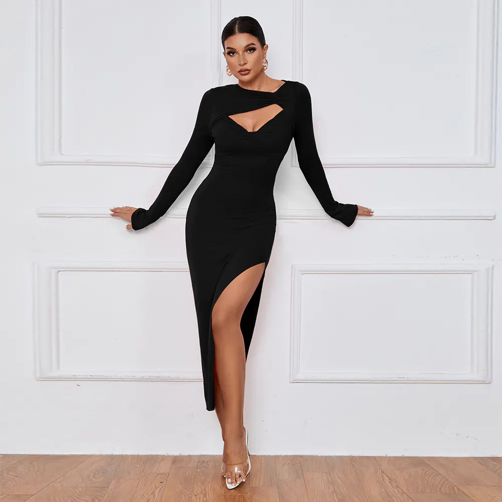 Slim Fit Women's Maxi Dress with Long Sleeves and Slit