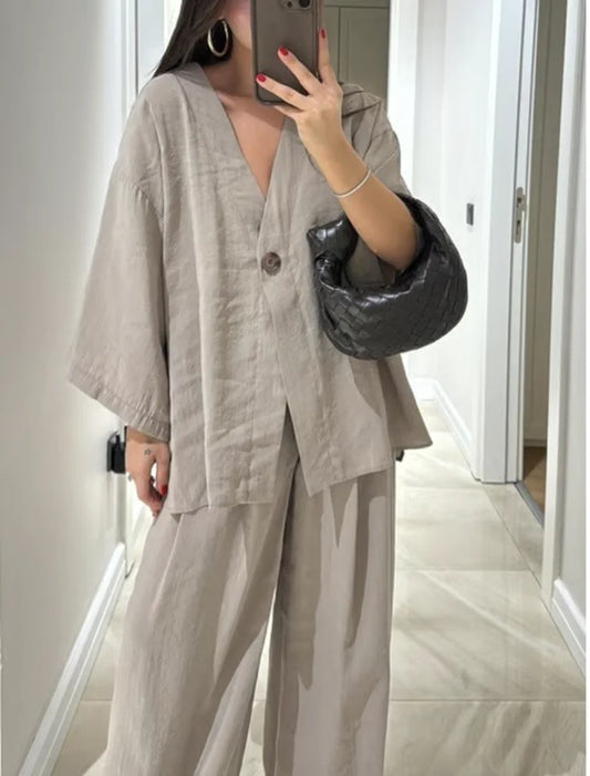 Women's V-Neck Wide Leg Pants Set
