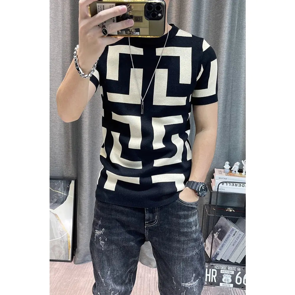 Men's Knitted Short Sleeve T-Shirt - Slim Fit Sweater
