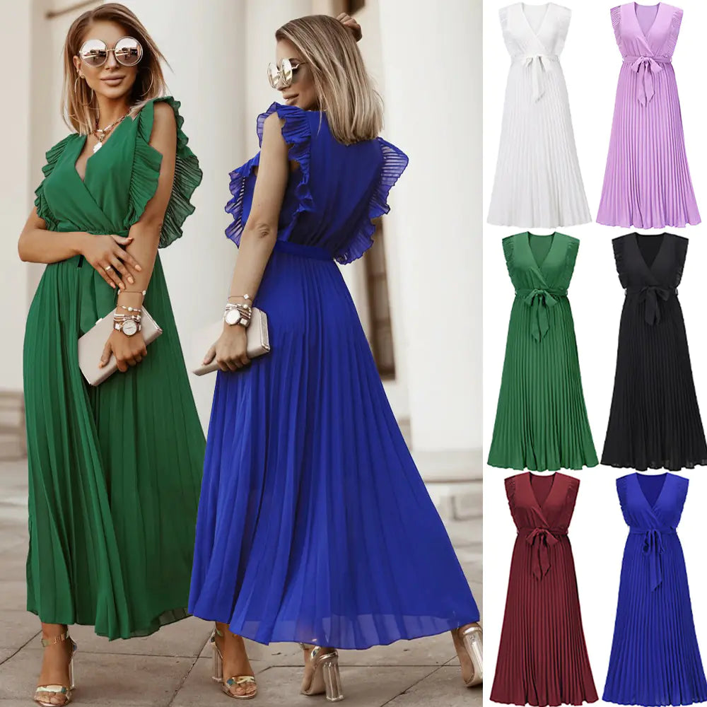 Elegant Slim Draped Pleated Summer Chiffon Dress Available in sizes from S to XXL