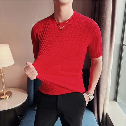 Men's High Collar Slim Fit Striped Knit Shirt Set sizes from M to XXXXL