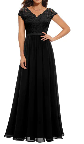 Lace Edge Chiffon Patchwork Long Dress sizes S, M, L, and XL