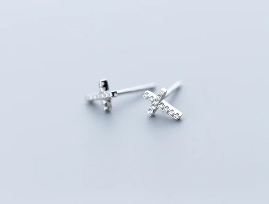 S925 Silver Minimalist Cross Stud Earrings with Diamonds