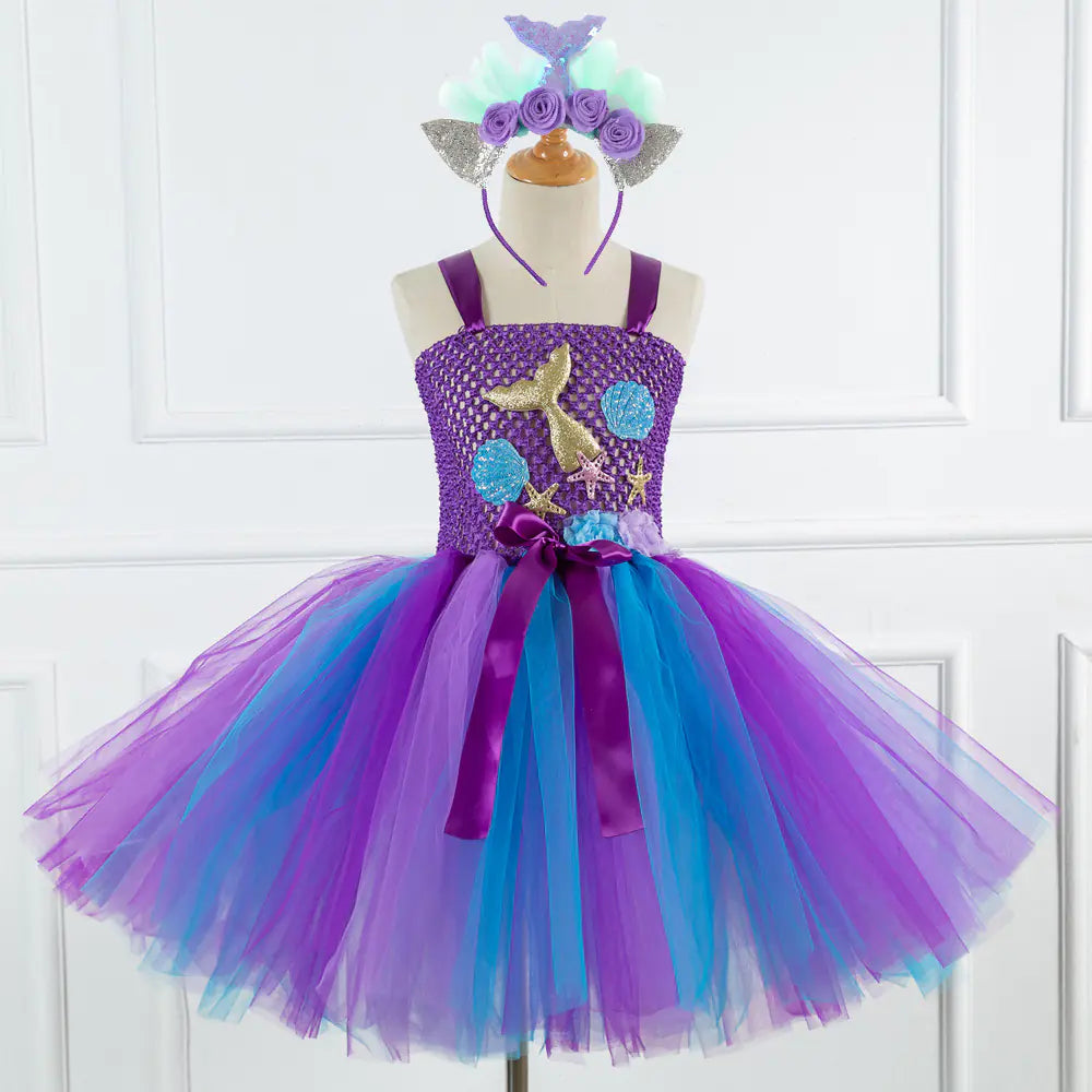 Mermaid Girls Princess Dress with Net Yarn Design  for girls aged 3 to 12 years,