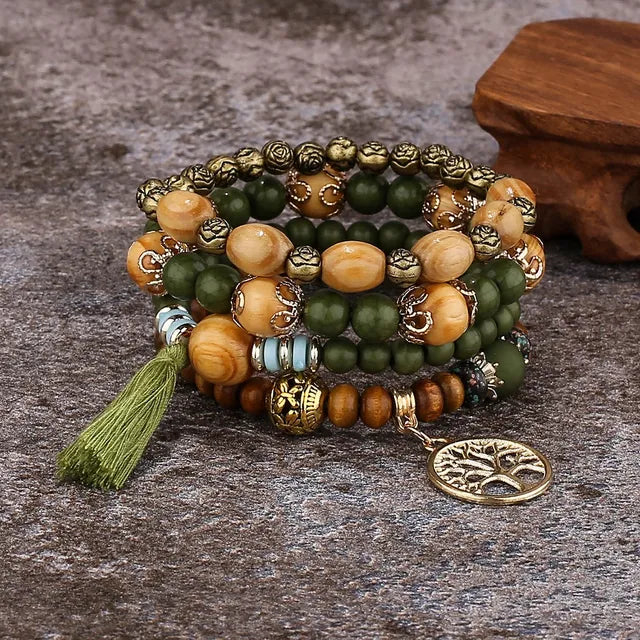 Boho Wooden Beaded Bracelet Set with Tree of Life Charm