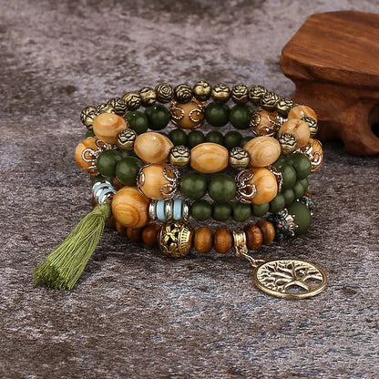 Boho Wooden Beaded Bracelet Set with Tree of Life Charm