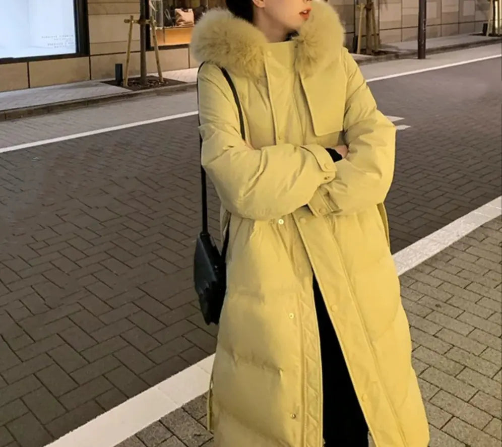 Women's Mid-Length Down Jacket with Over-the-Knee Fur Collar – Gratis Wereldwijde Verzending
