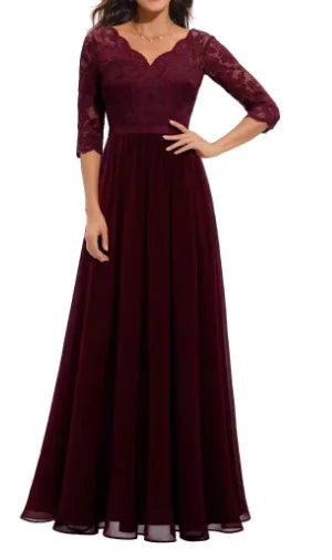 Lace Edge Chiffon Patchwork Long Dress sizes S, M, L, and XL