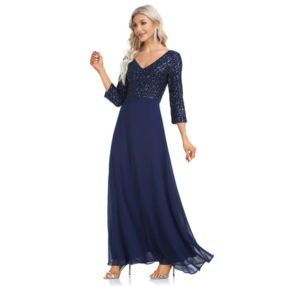 Women's Sequined Evening Dress with Chiffon V-neck
