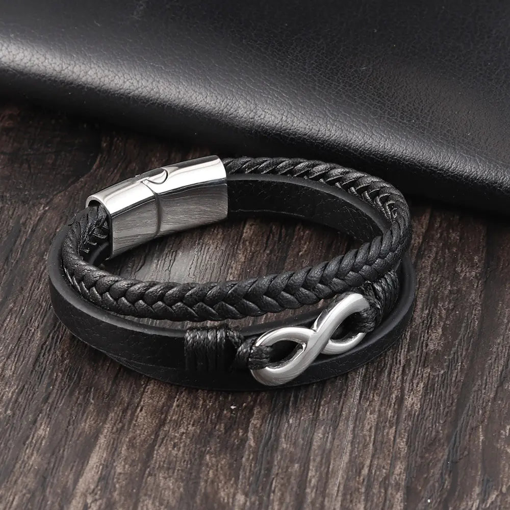 Genuine Leather Braided Men's Bracelet with Steel Accent